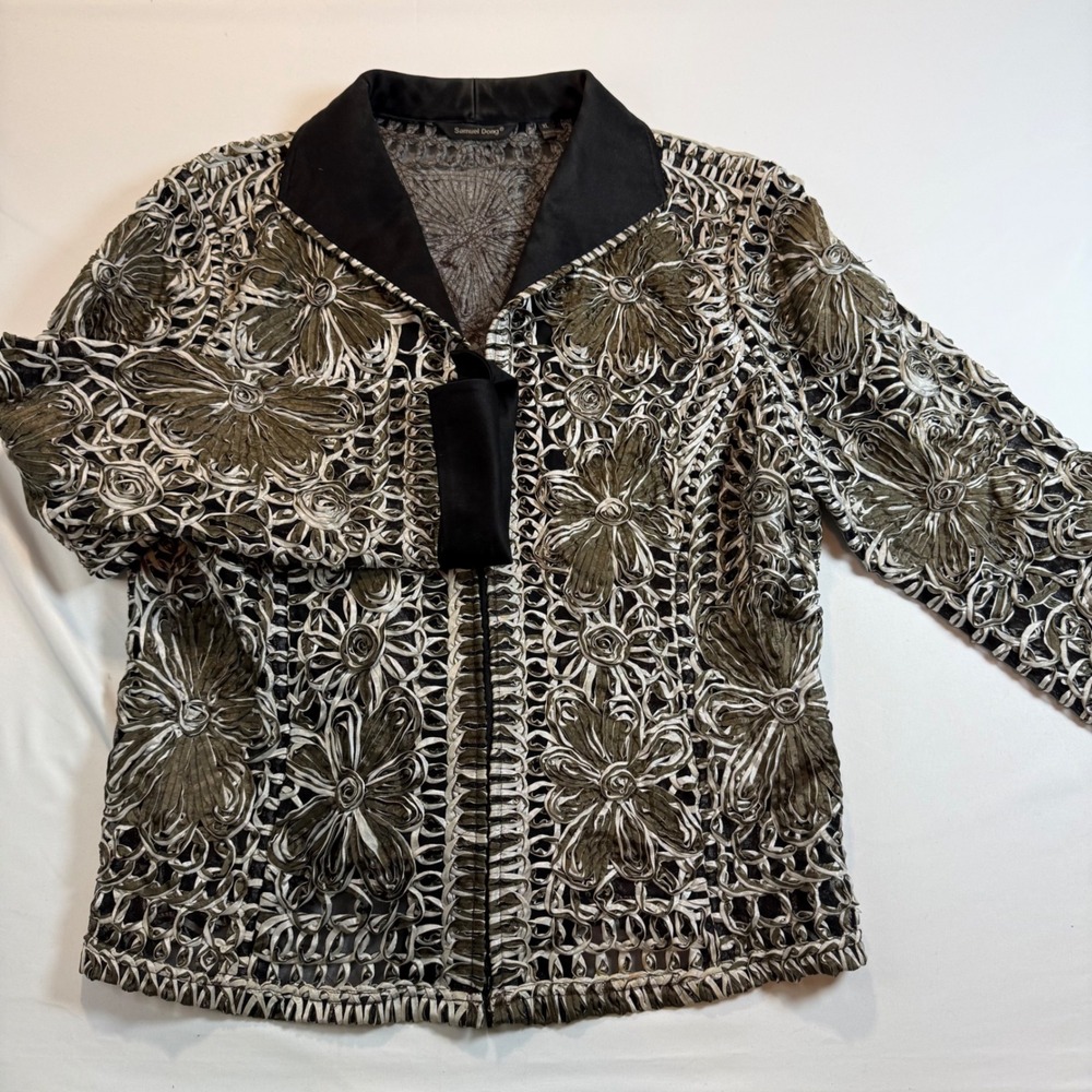 Samuel Dong Mesh Ribbon Floral Jacket XL Olive Green Ivory Sheer Zip Front Top